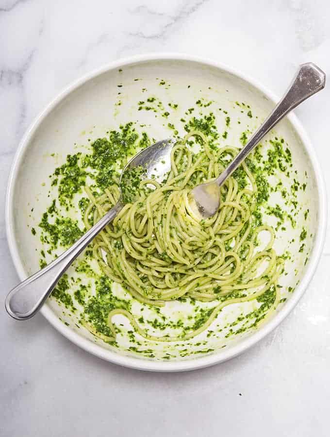 Parsley Pesto Made in Marble Mortar, Dishes