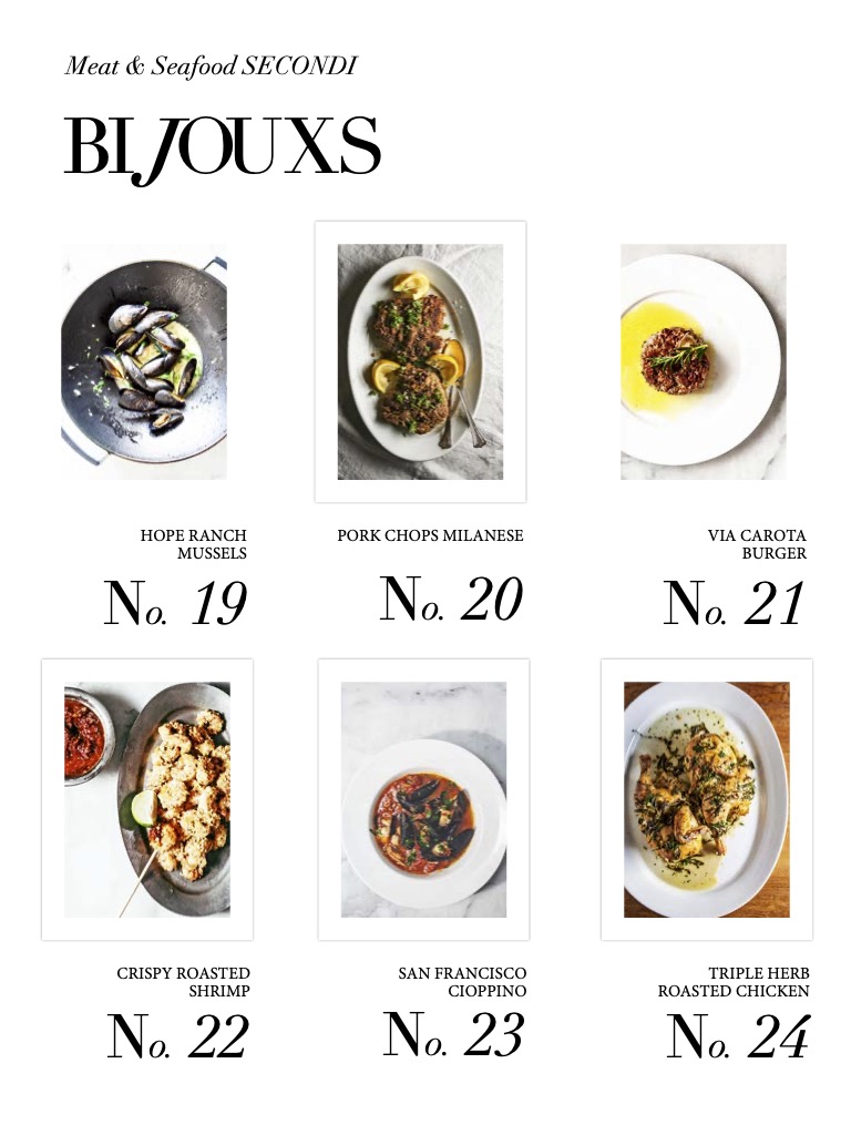 Meat & Seafood secondi recipes 19-24: hope ranch mussels, pork chops Milanese, via carrota burger, crispy roasted shrimp, San Francisco cioppino, triple herb roasted chicken