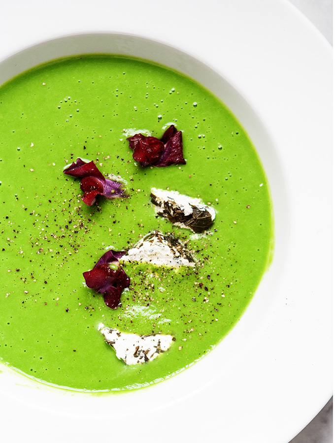 Chilled Pea Velouté with Goat Cheese & Edible Flowers | Bijouxs Little Jewels