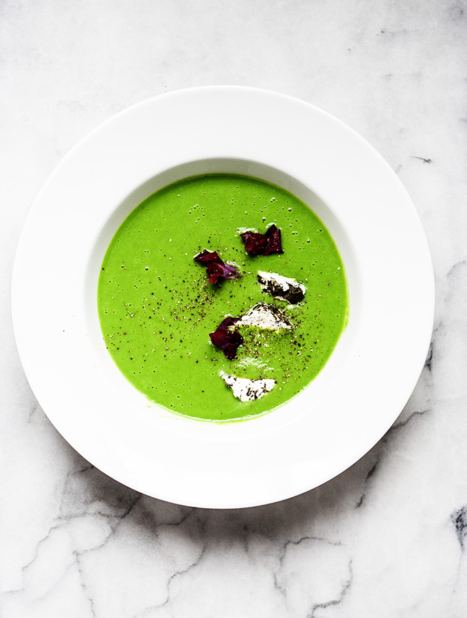 Chilled Pea Velouté with Goat Cheese & Edible Flowers | Bijouxs Little Jewels